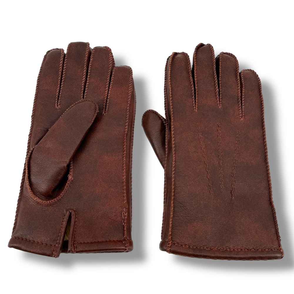 Vintage Men's Vinyl Gloves Brown Faux Fur Acrylic Lined Size Large